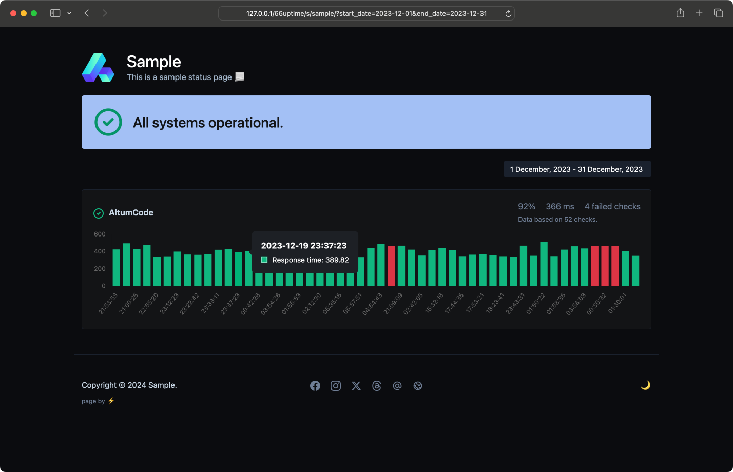 Captura de tela do exemplo de página pública de status do aplicativo